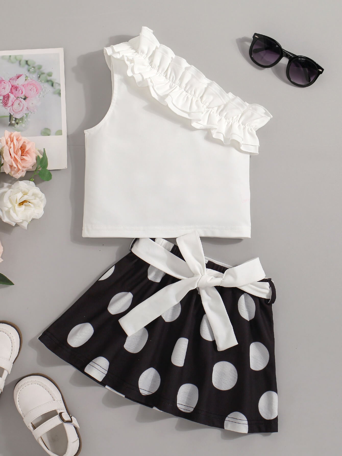 Girls Ruffled Top and Polka Dot Skirt Set