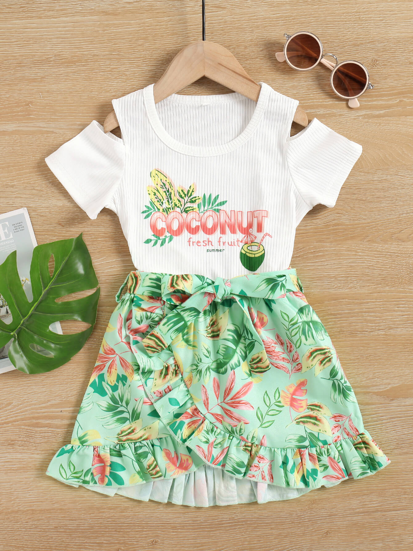 Girls Graphic Cold-Shoulder Ribbed Top and Botanical Print Skirt Set