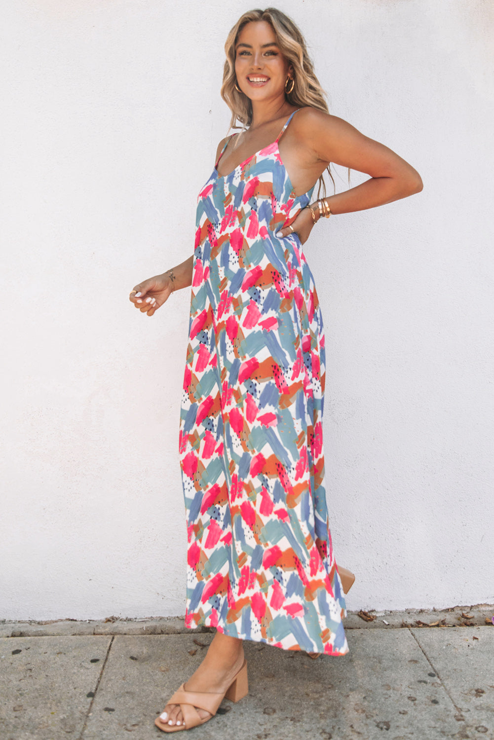 Printed Spaghetti Strap Deep V Maxi Dress