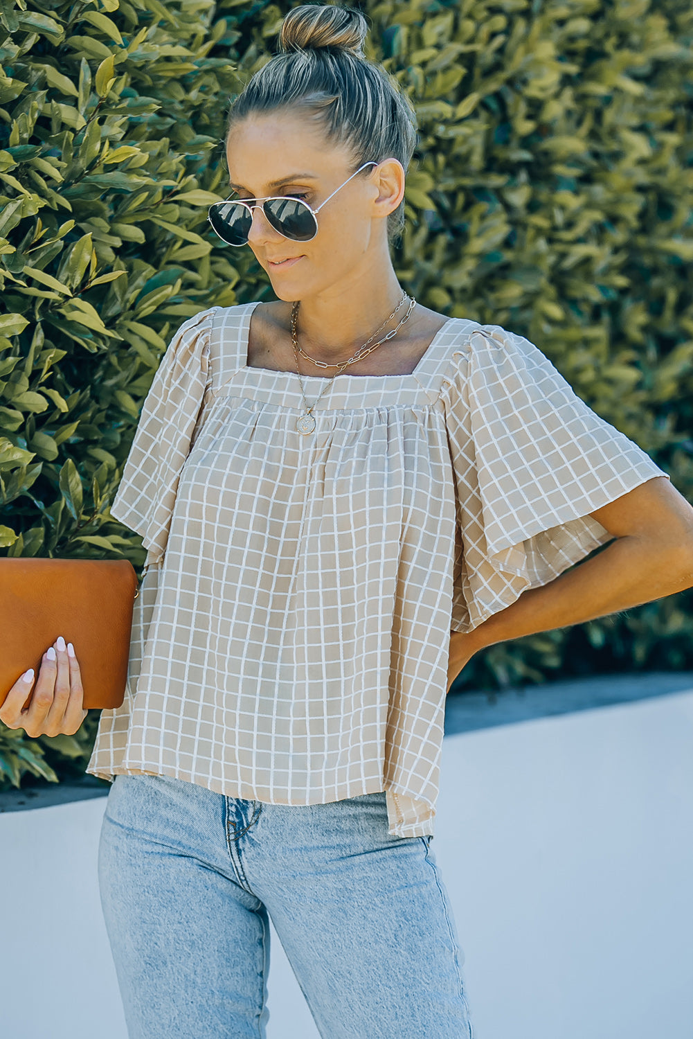 Plaid Tie-Back Square Neck Top