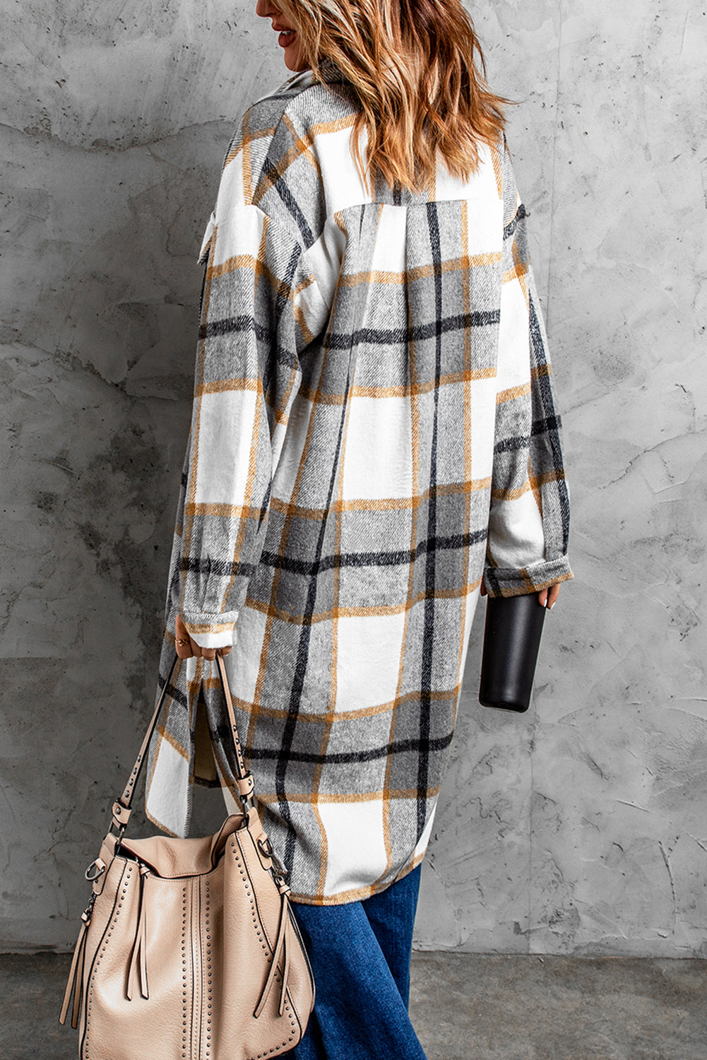 Plaid Button Down Side Slit Dropped Shoulder Duster Coat