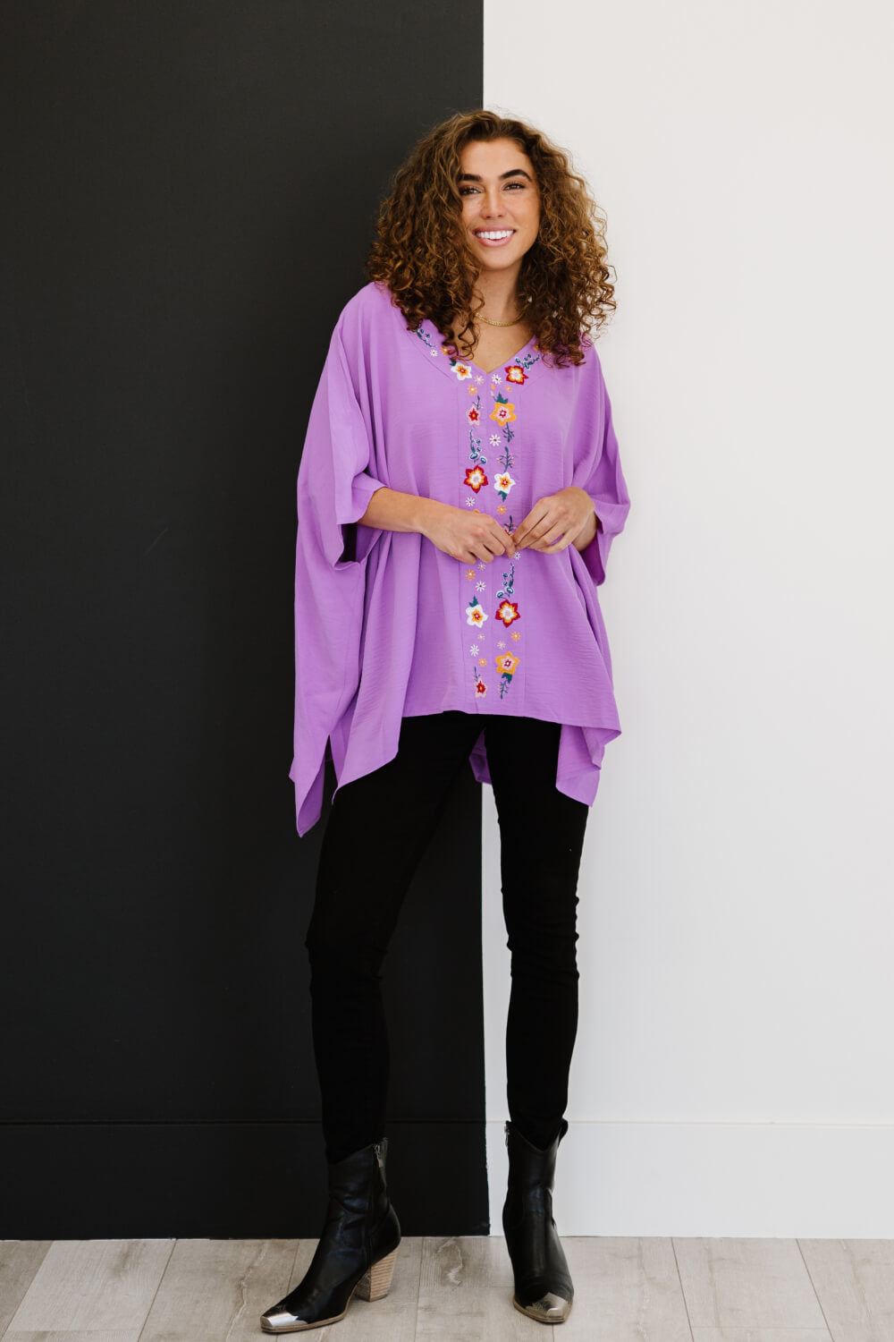 ODDI Wanderer Full Size Run Embroidered Poncho Top