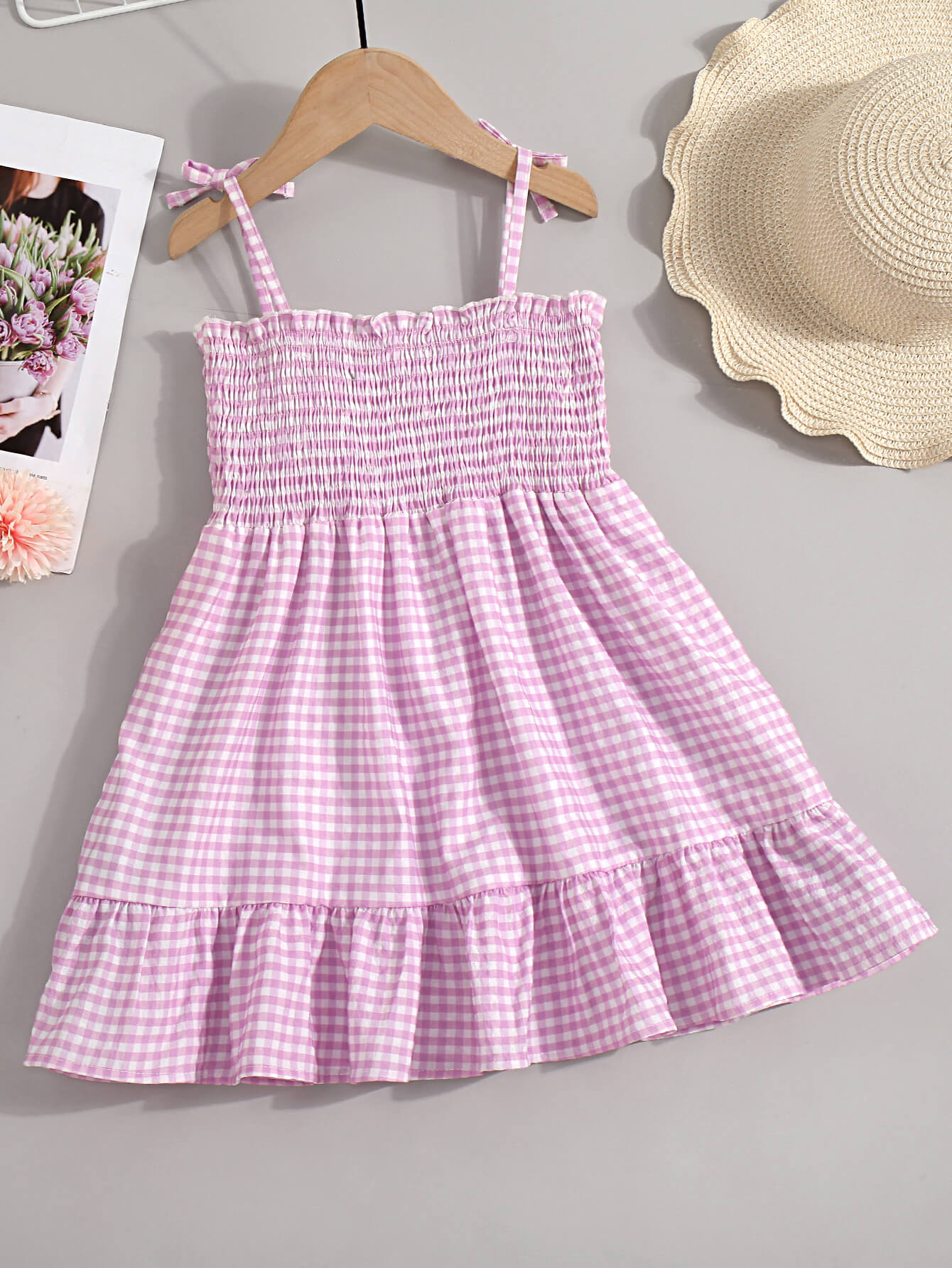 Girls Gingham Decorative Button Smocked Dress