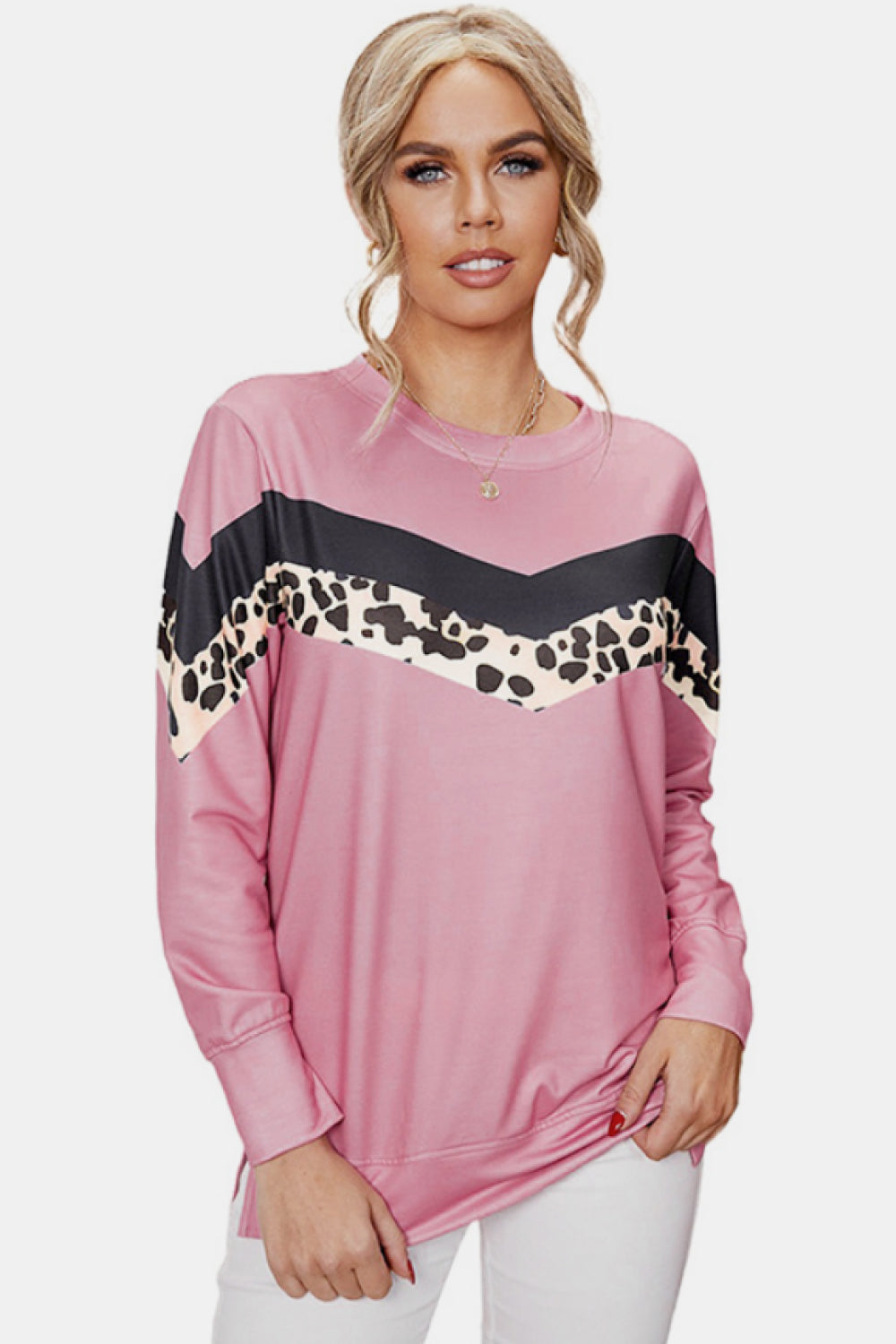 Leopard Color Block Long Sleeve Top