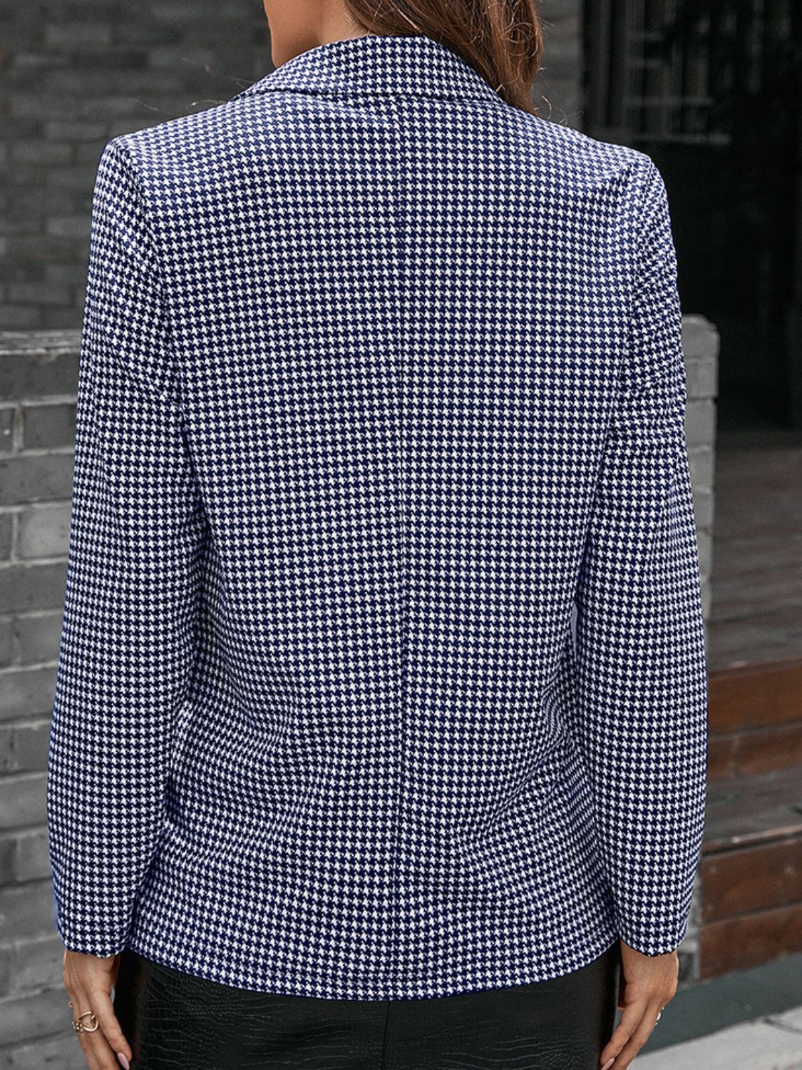 Houndstooth Lapel Collar Long Sleeve Blazer