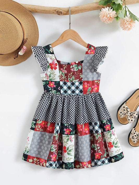 Girls Patchwork Flutter Sleeve Dress