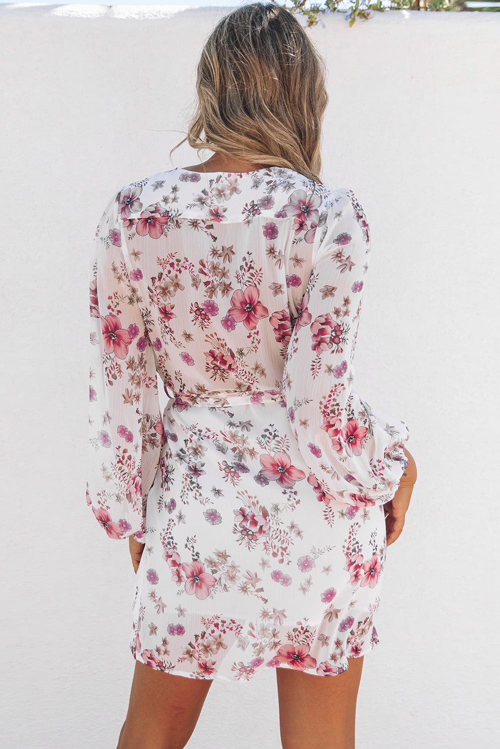 Floral Balloon Sleeve Chiffon Wrap Dress