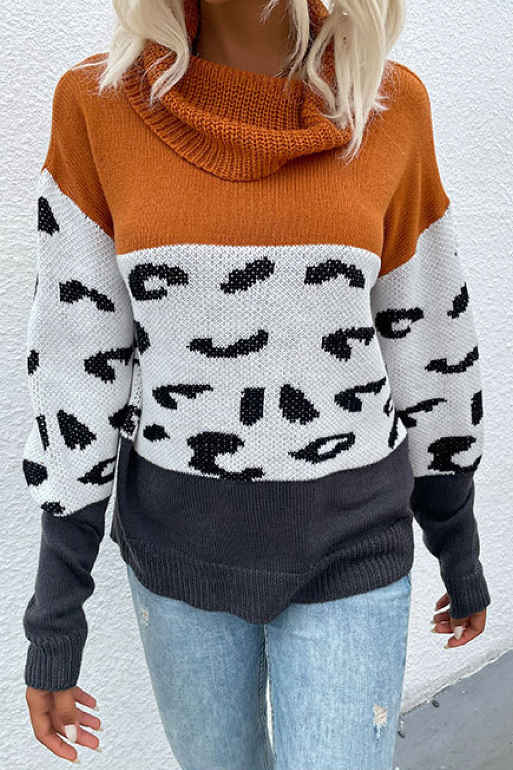 Leopard Color Block Turtleneck Sweater