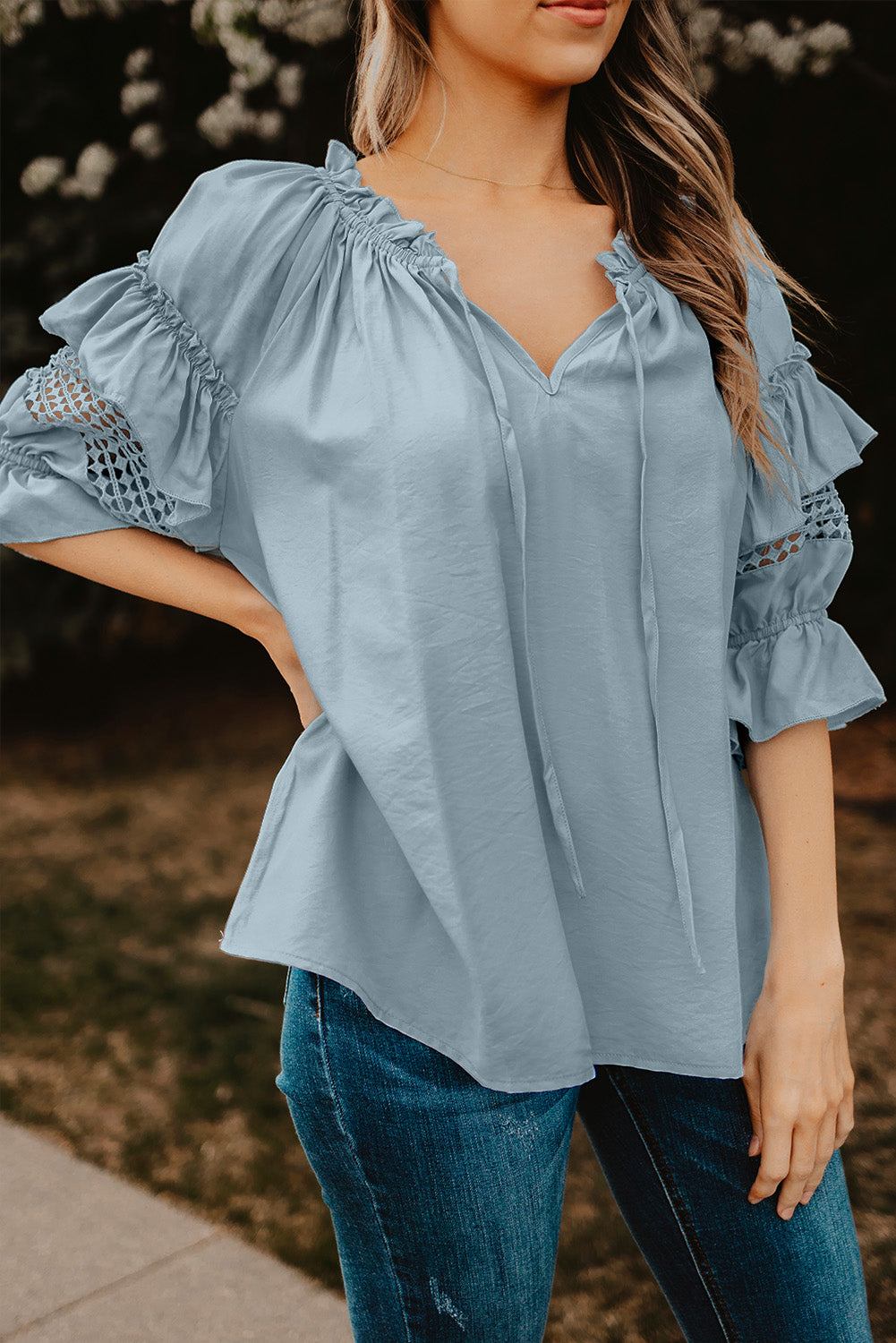 Frill Trim Tie Neck Top