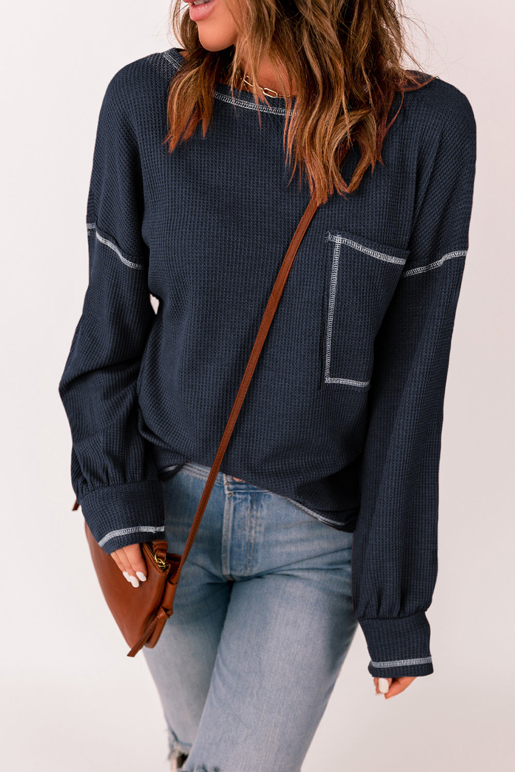 Contrast Stitching Waffle Knit Top