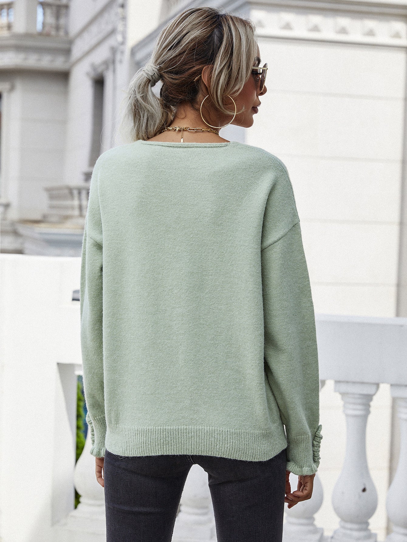 Frilled Sleeves V-Neck Sweater