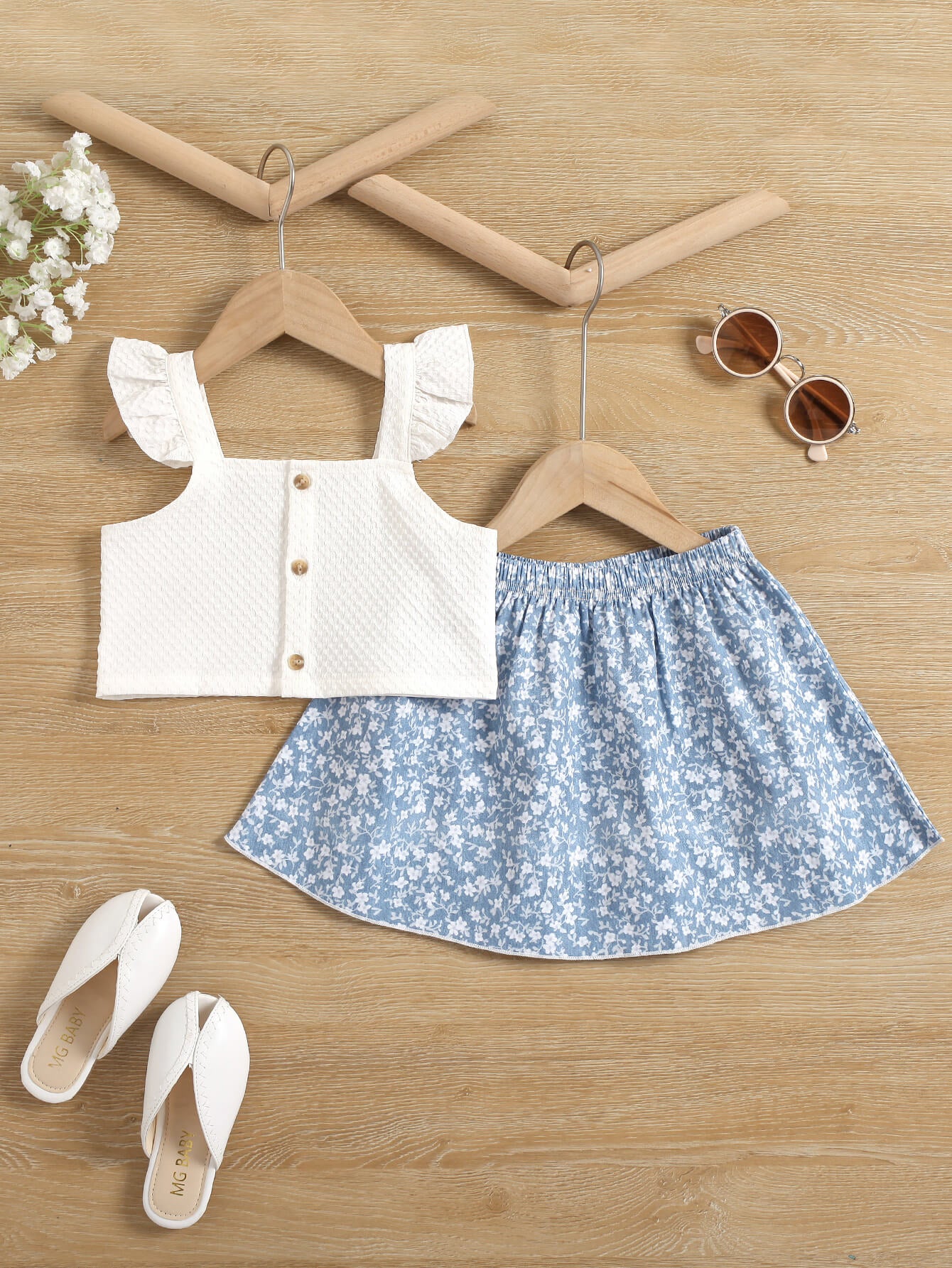 Girls Flutter Sleeve Top and Floral Skirt Set