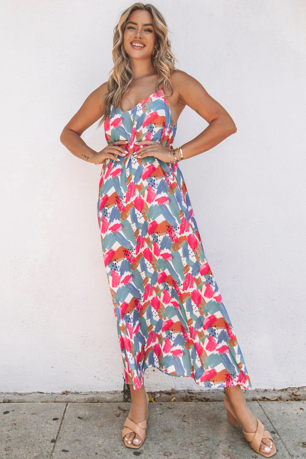 Printed Spaghetti Strap Deep V Maxi Dress