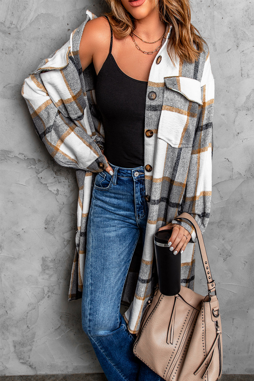 Plaid Button Down Side Slit Dropped Shoulder Duster Coat