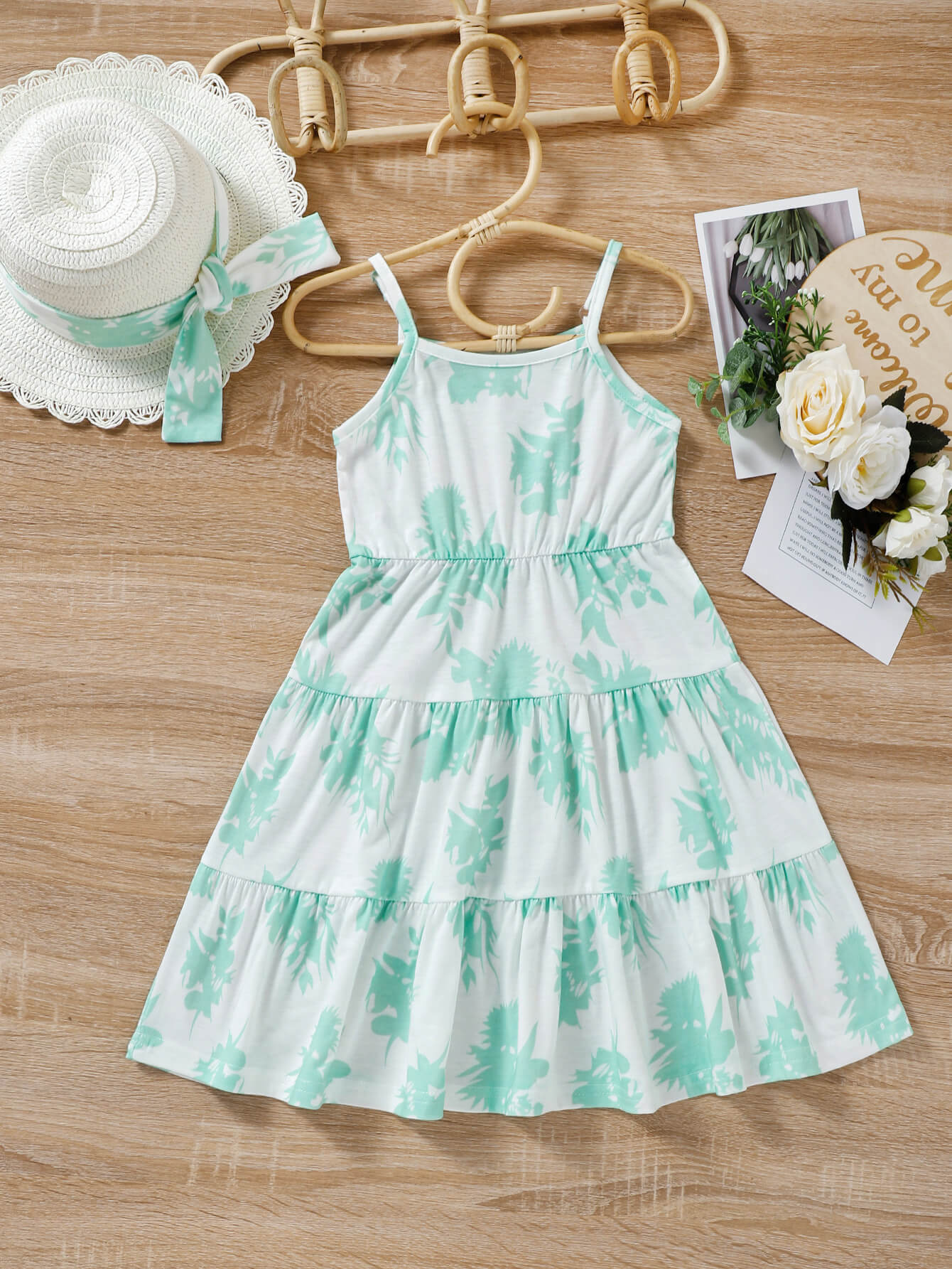 Girls Botanical Print Spaghetti Strap Dress