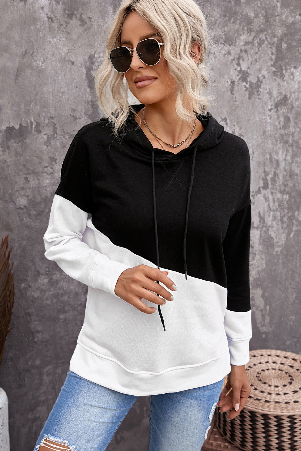 Two-Tone Drawstring Slit Hoodie