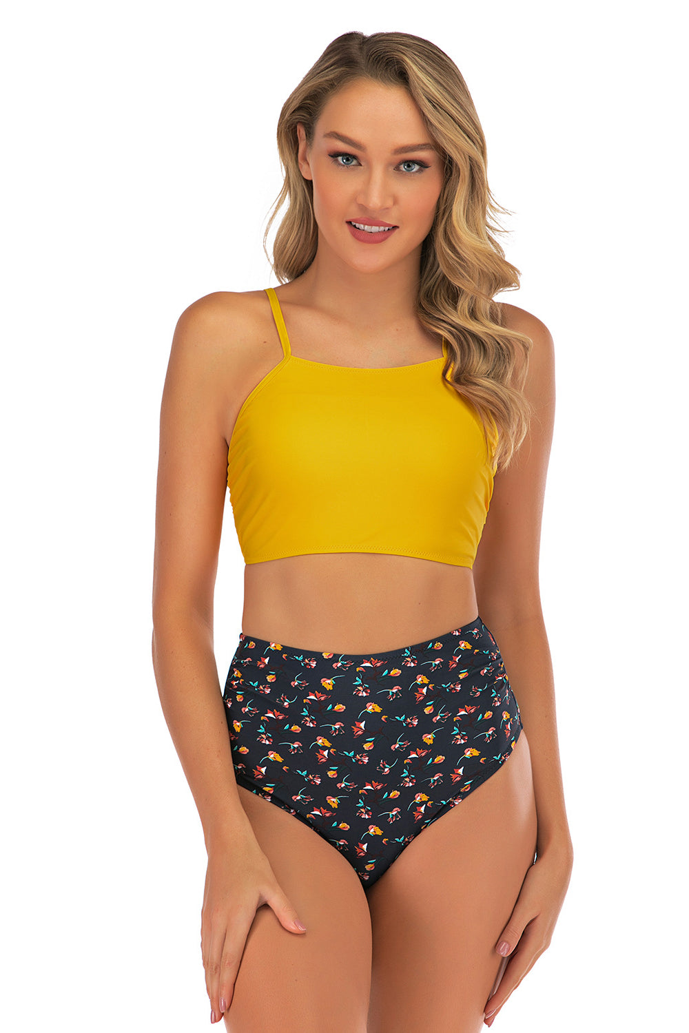 Printed Lace Up High Waist Tankini Set