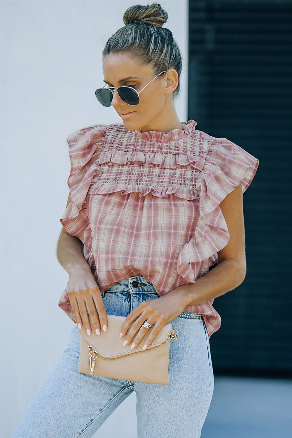 Plaid Ruffle Trim Smocked Top