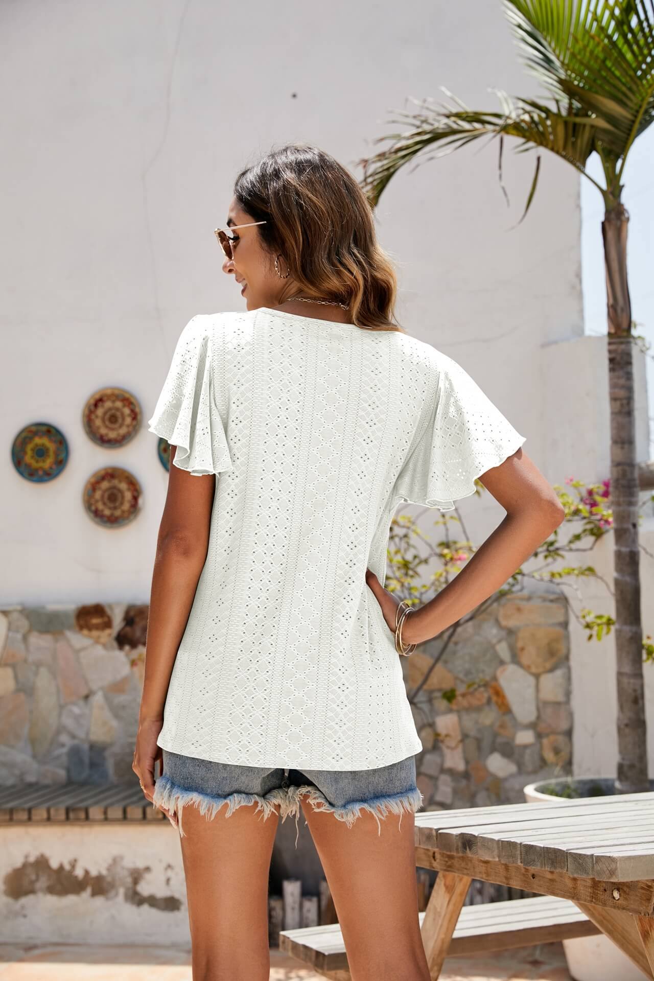 Eyelet Flutter Sleeve Short Sleeve Top