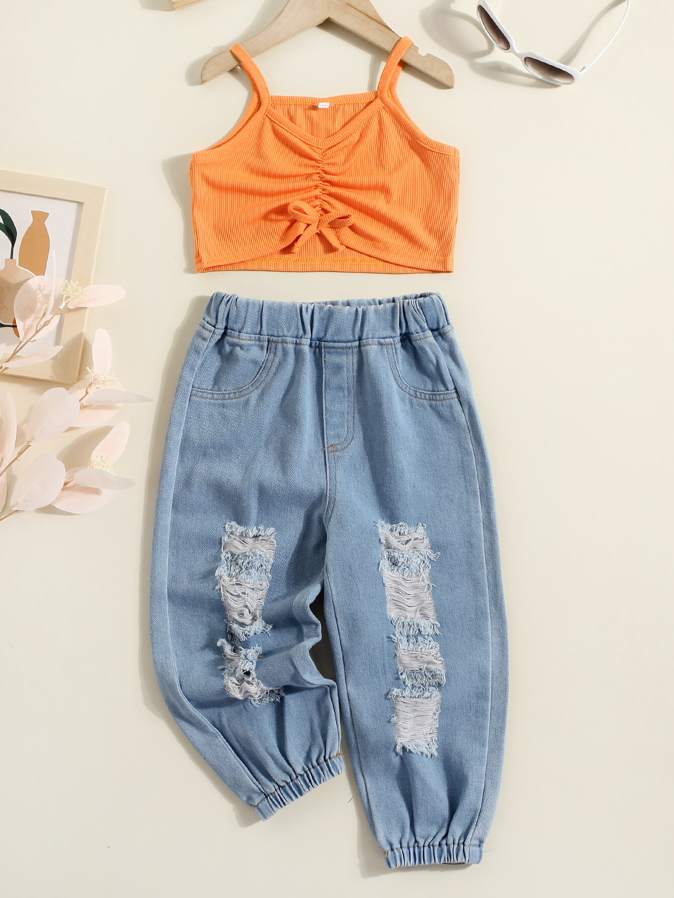 Girls Drawstring Detail Ribbed Cami and Distressed Jeans Set