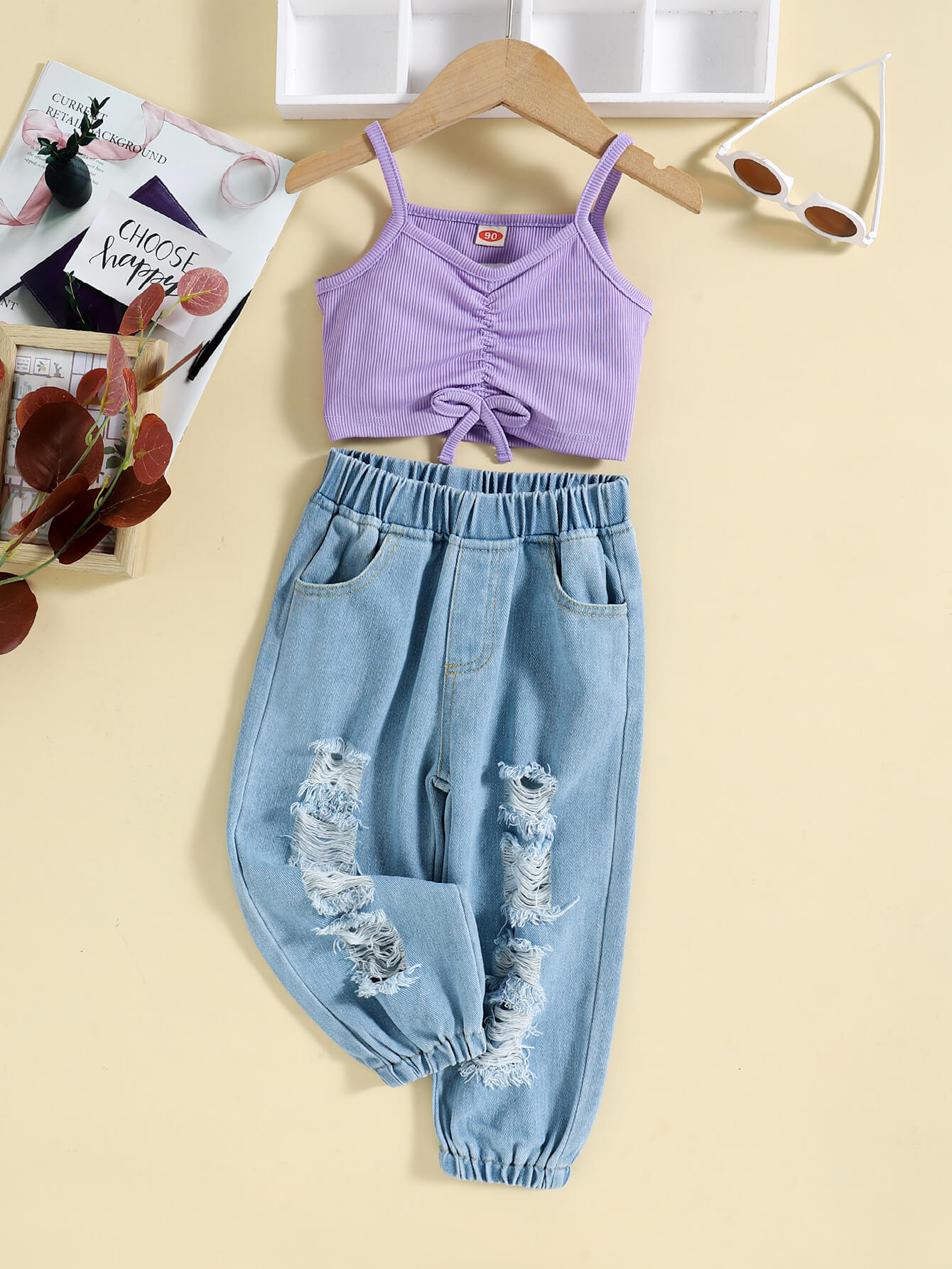 Girls Drawstring Detail Ribbed Cami and Distressed Jeans Set