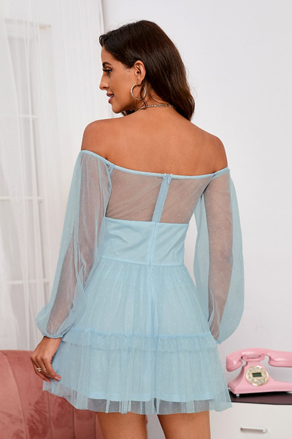 Off-Shoulder Frill Trim Mesh Dress