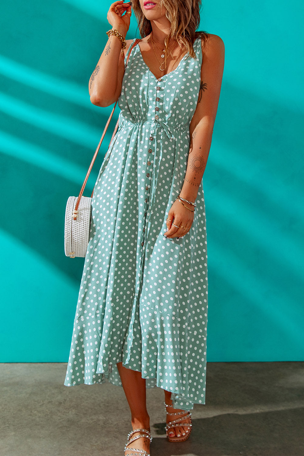 Polka Dot Buttoned Front Slit Maxi Dress