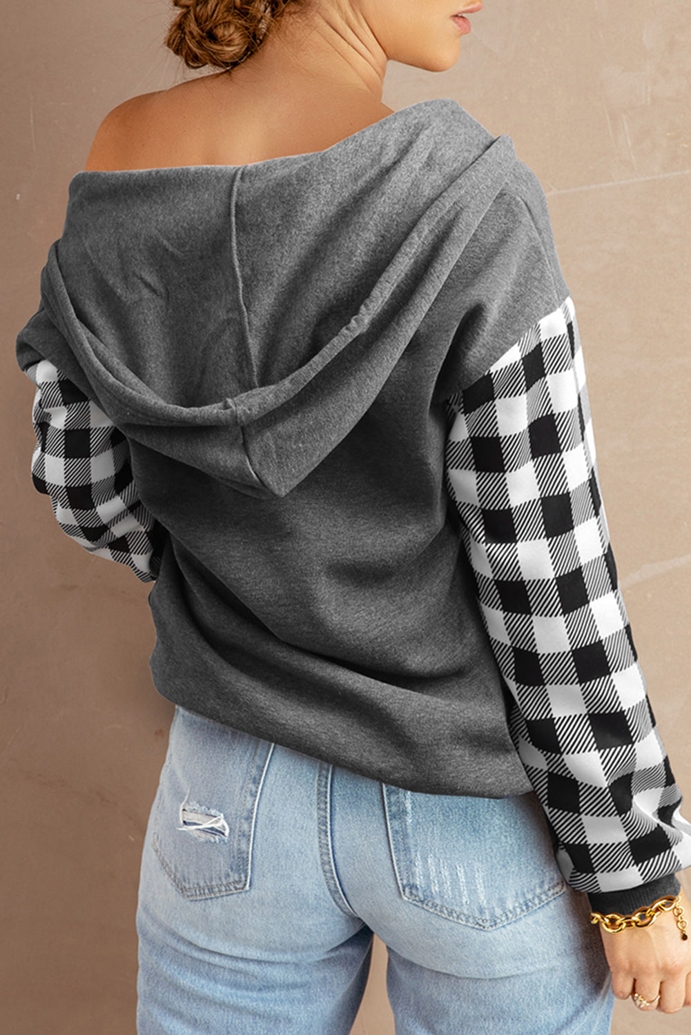 Plaid Quarter-Snap Hoodie with Pocket