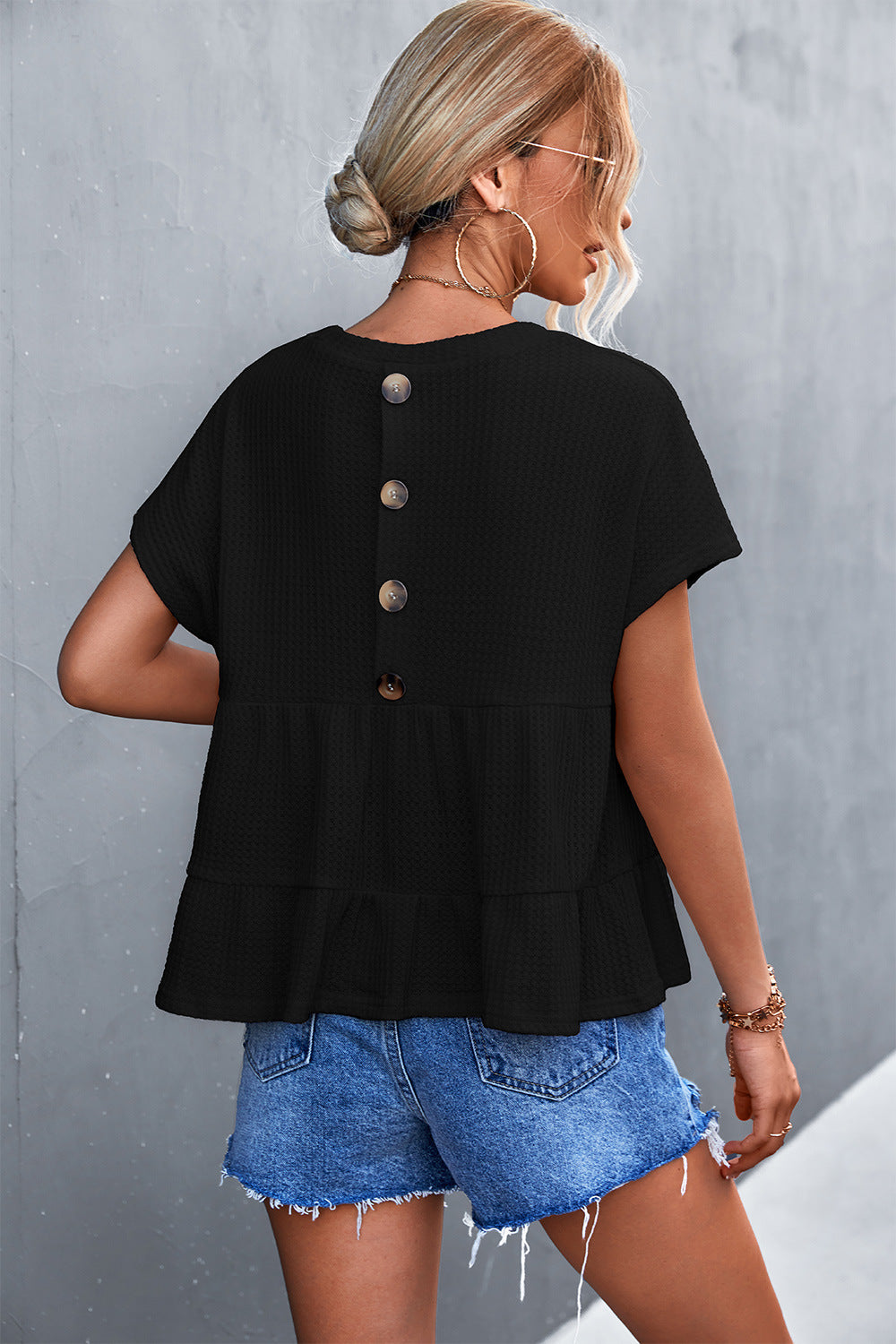 Waffle Knit Round Neck Babydoll Top