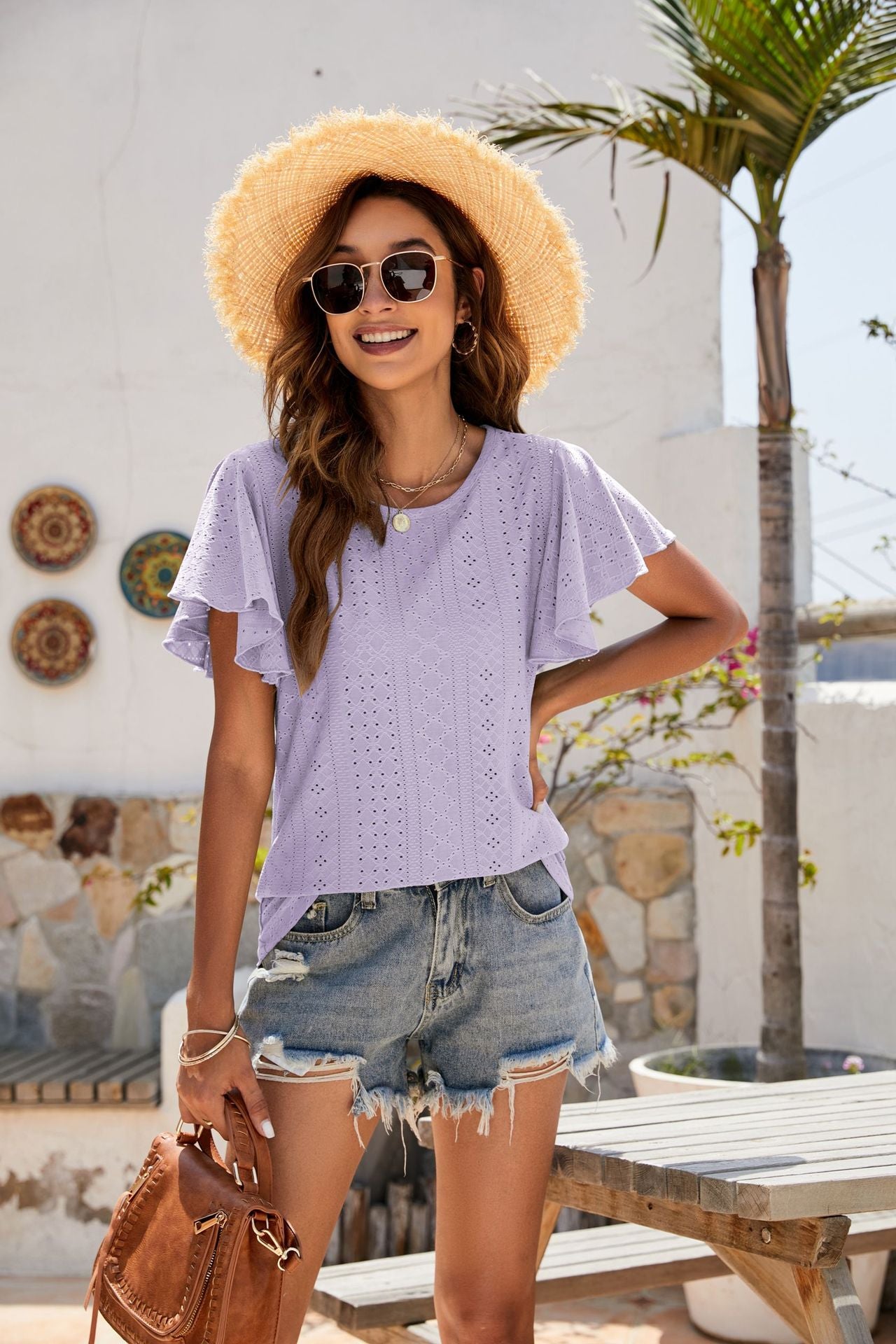 Eyelet Flutter Sleeve Short Sleeve Top