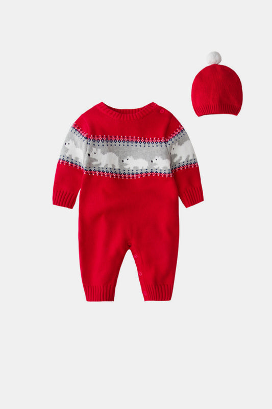 Unisex Polar Bear Christmas Knit Jumpsuit with Hat