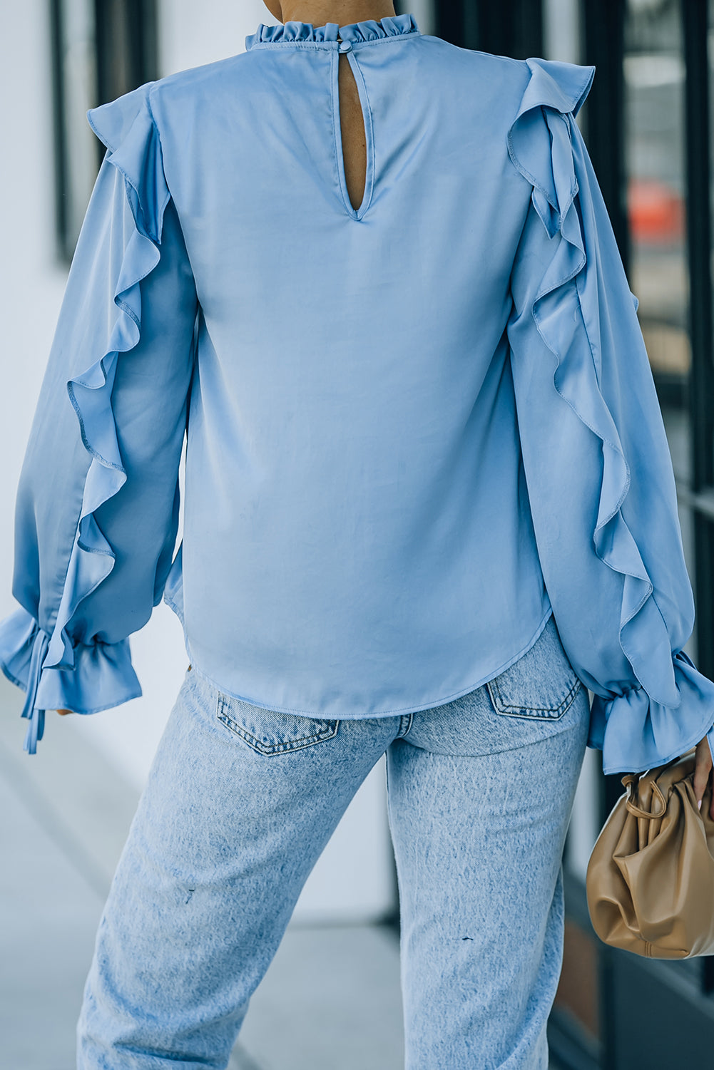 Ruffled Sleeve Frill Neck Gathered Detail Blouse