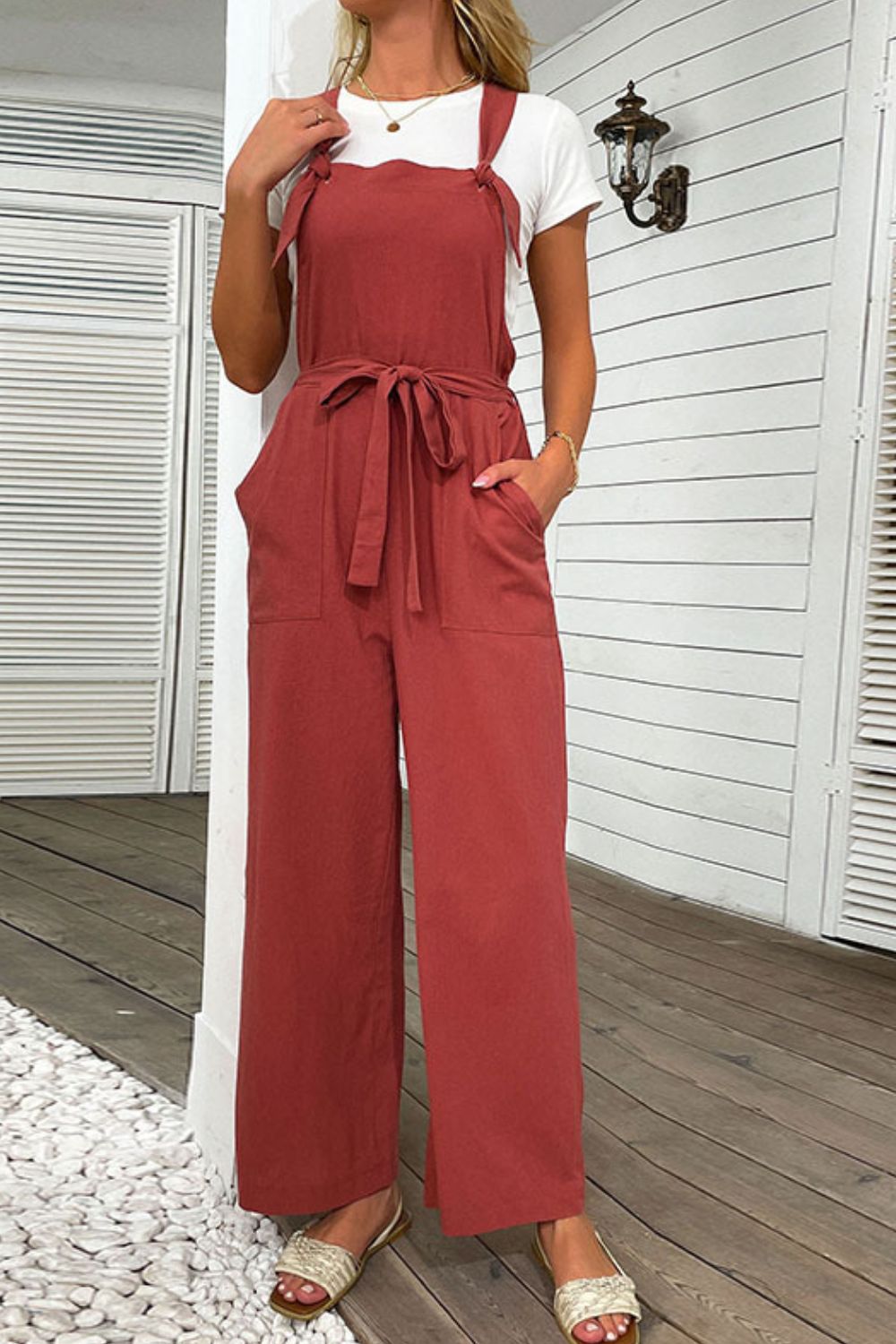 Tie-Waist Wide Leg Overalls with Pockets