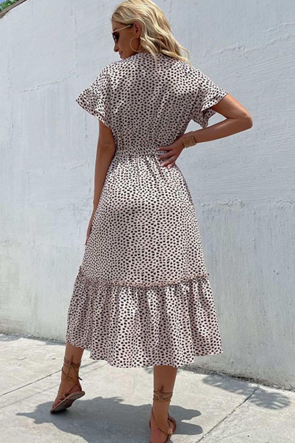 Printed V-Neck Belted Frill Trim Midi Dress