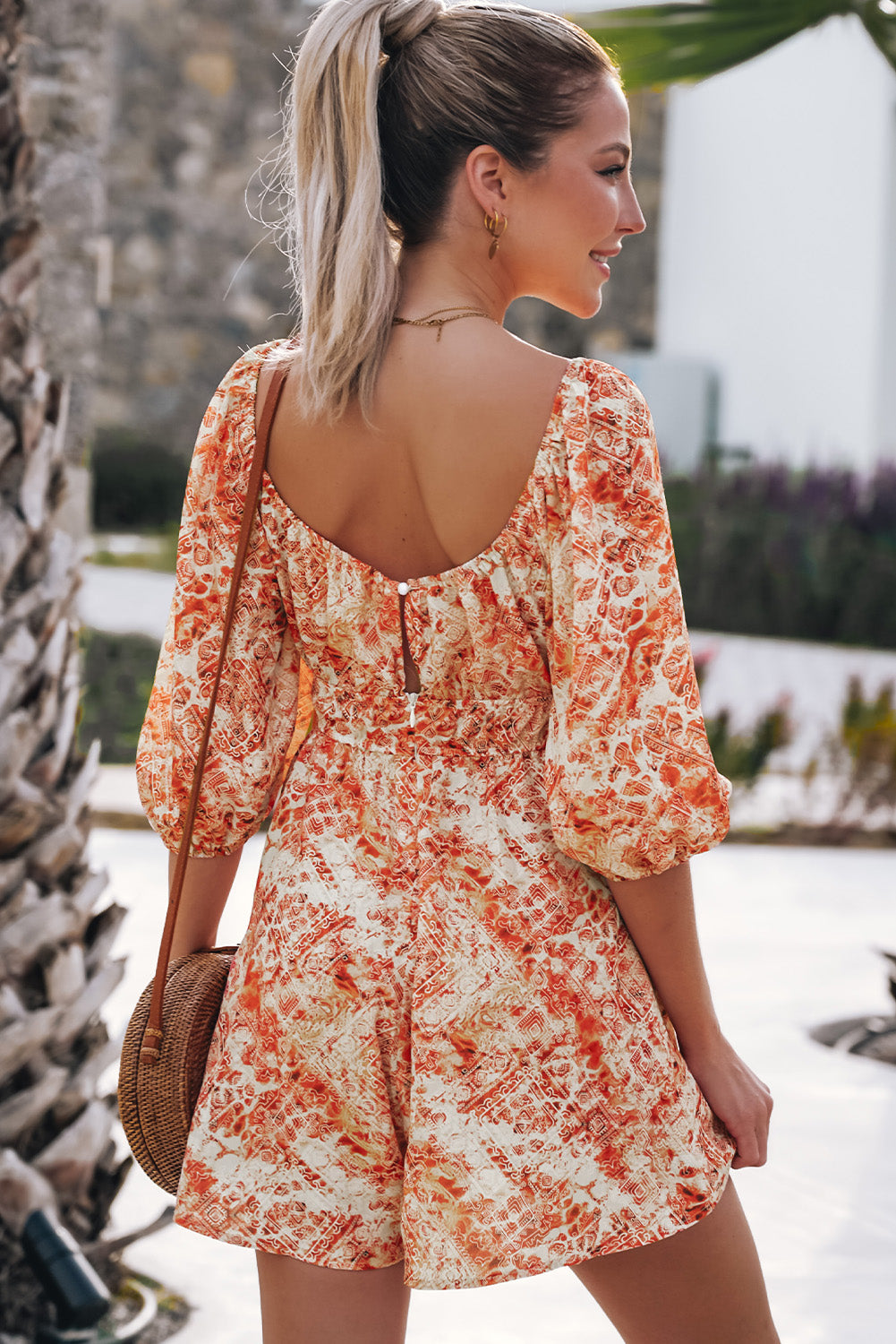 Printed Square Neck Puff Sleeve Romper