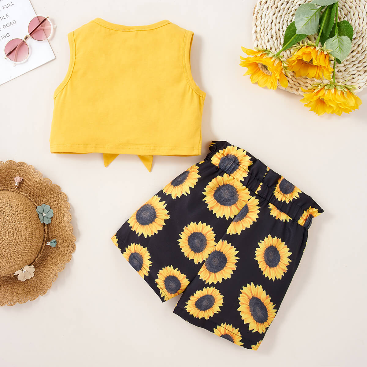 Girls Cropped Tank and Sunflower Print Shorts Set