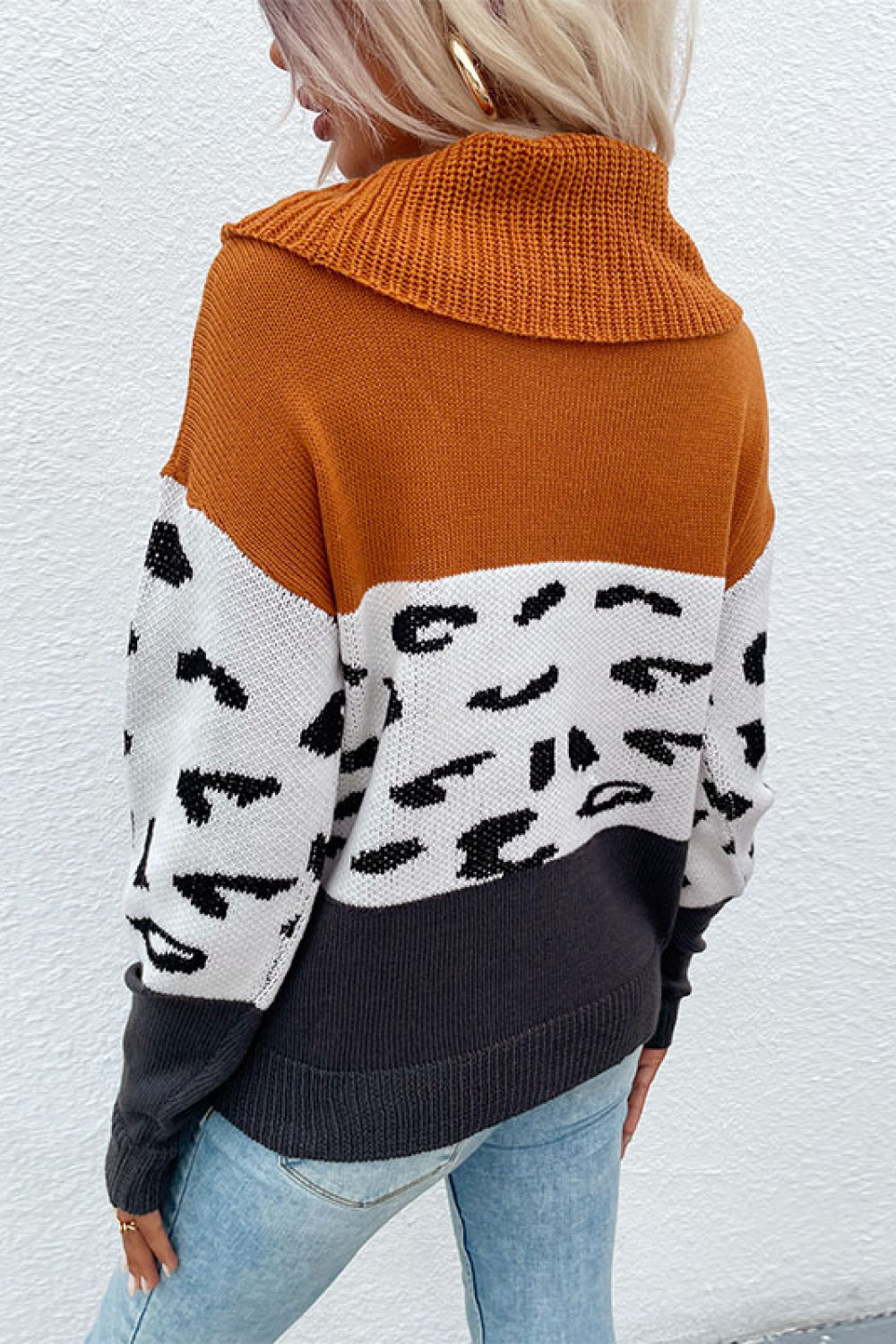 Leopard Color Block Turtleneck Sweater