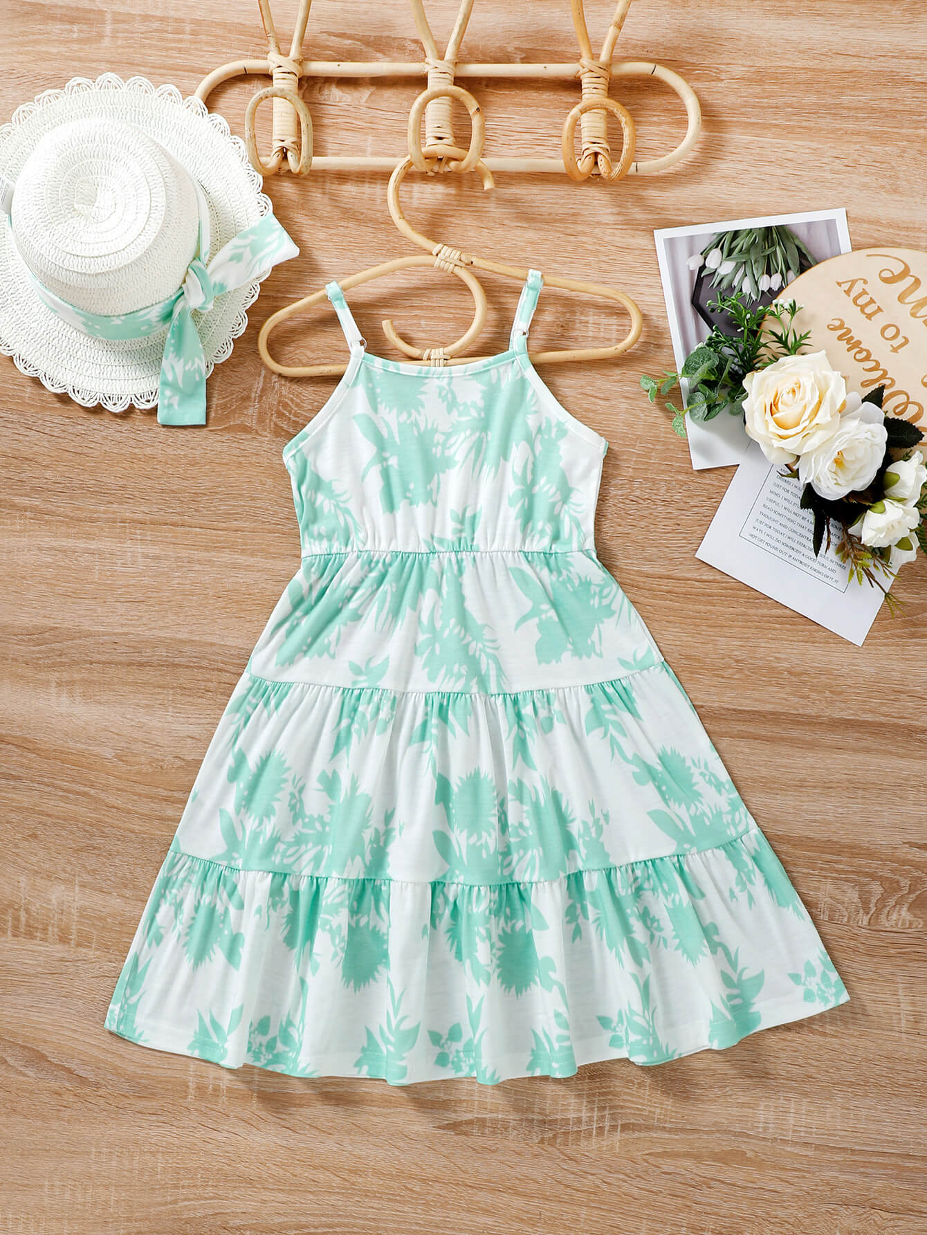 Girls Botanical Print Spaghetti Strap Dress