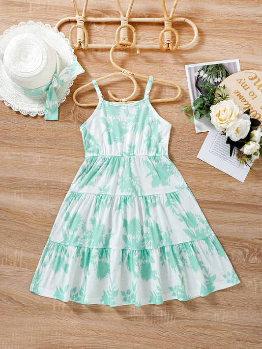 Girls Botanical Print Spaghetti Strap Dress