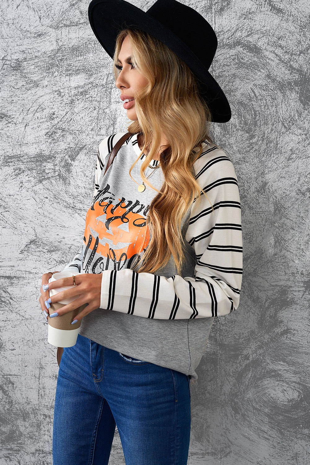 HAPPY HALLOWEEN Striped Long Sleeve Tee