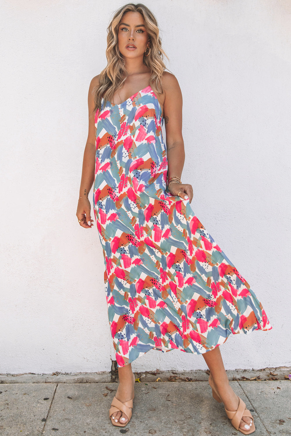 Printed Spaghetti Strap Deep V Maxi Dress