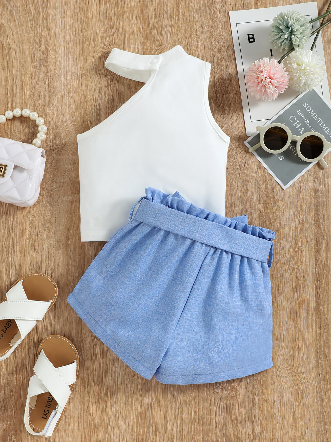 Girls One-Shoulder Top and Belted Shorts Set