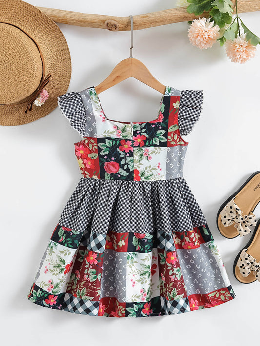 Girls Patchwork Flutter Sleeve Dress