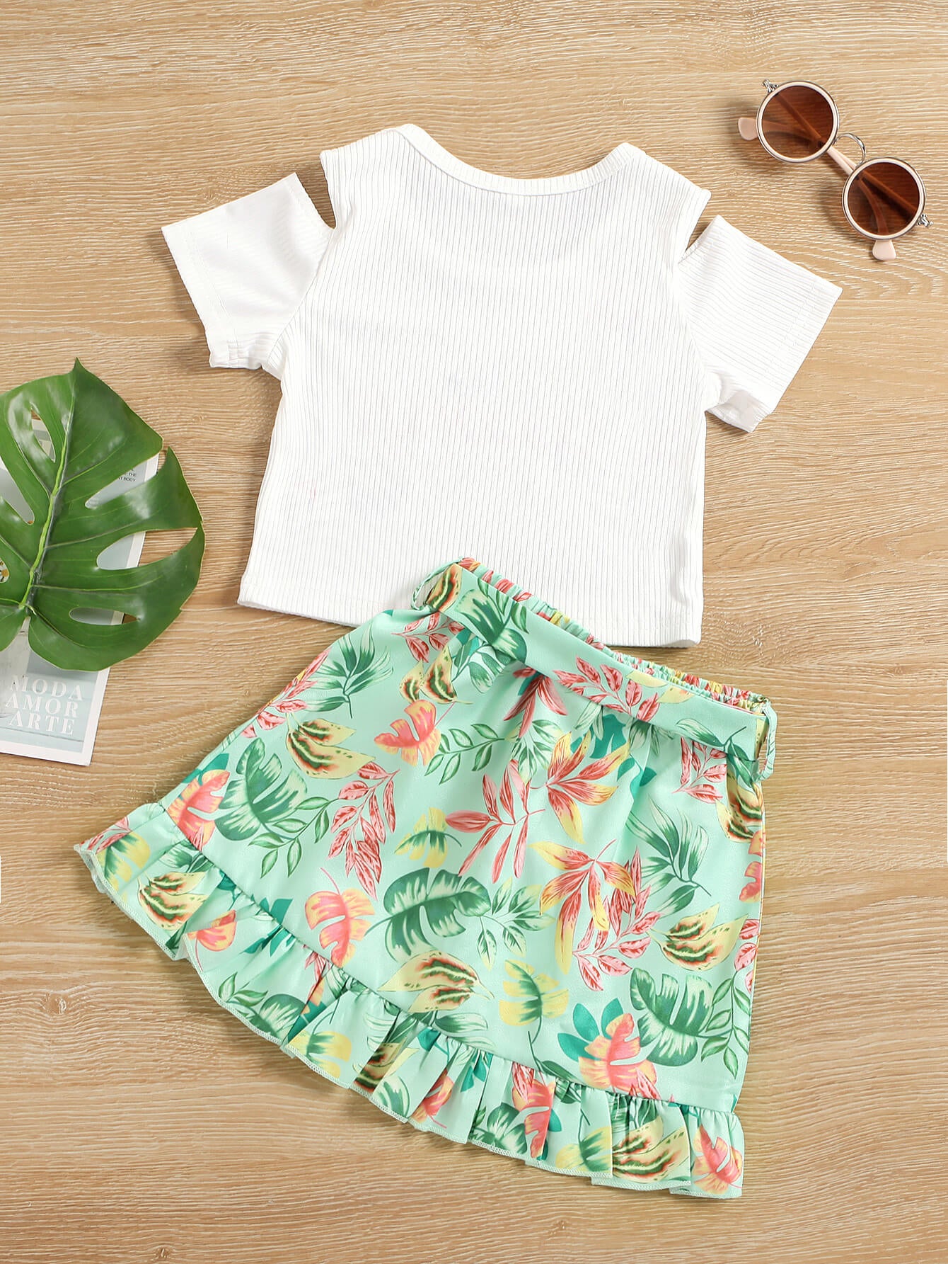 Girls Graphic Cold-Shoulder Ribbed Top and Botanical Print Skirt Set