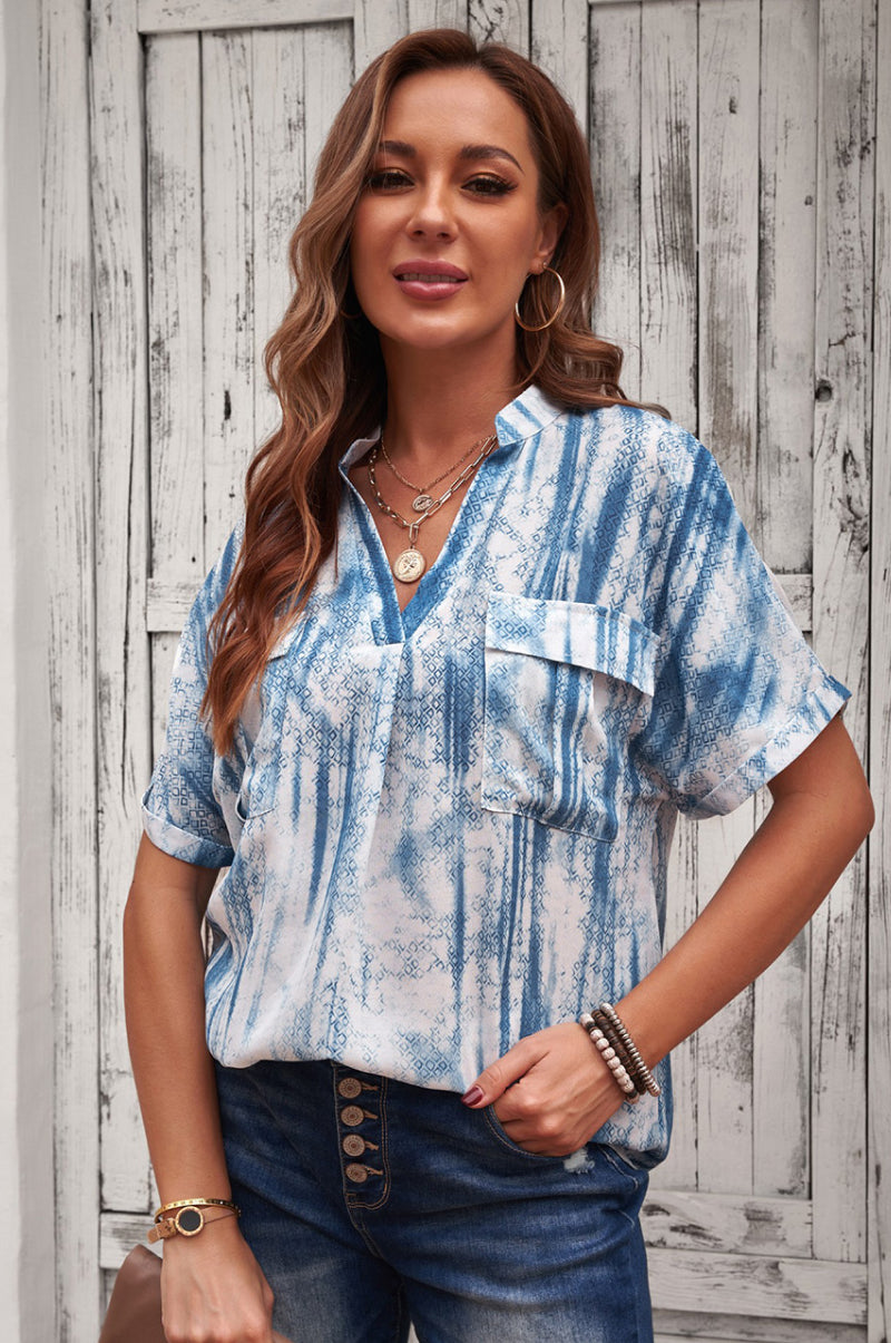 Printed Pocket Short Sleeve Blouse