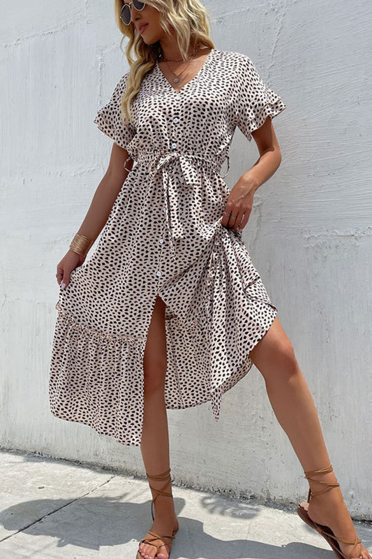 Printed V-Neck Belted Frill Trim Midi Dress