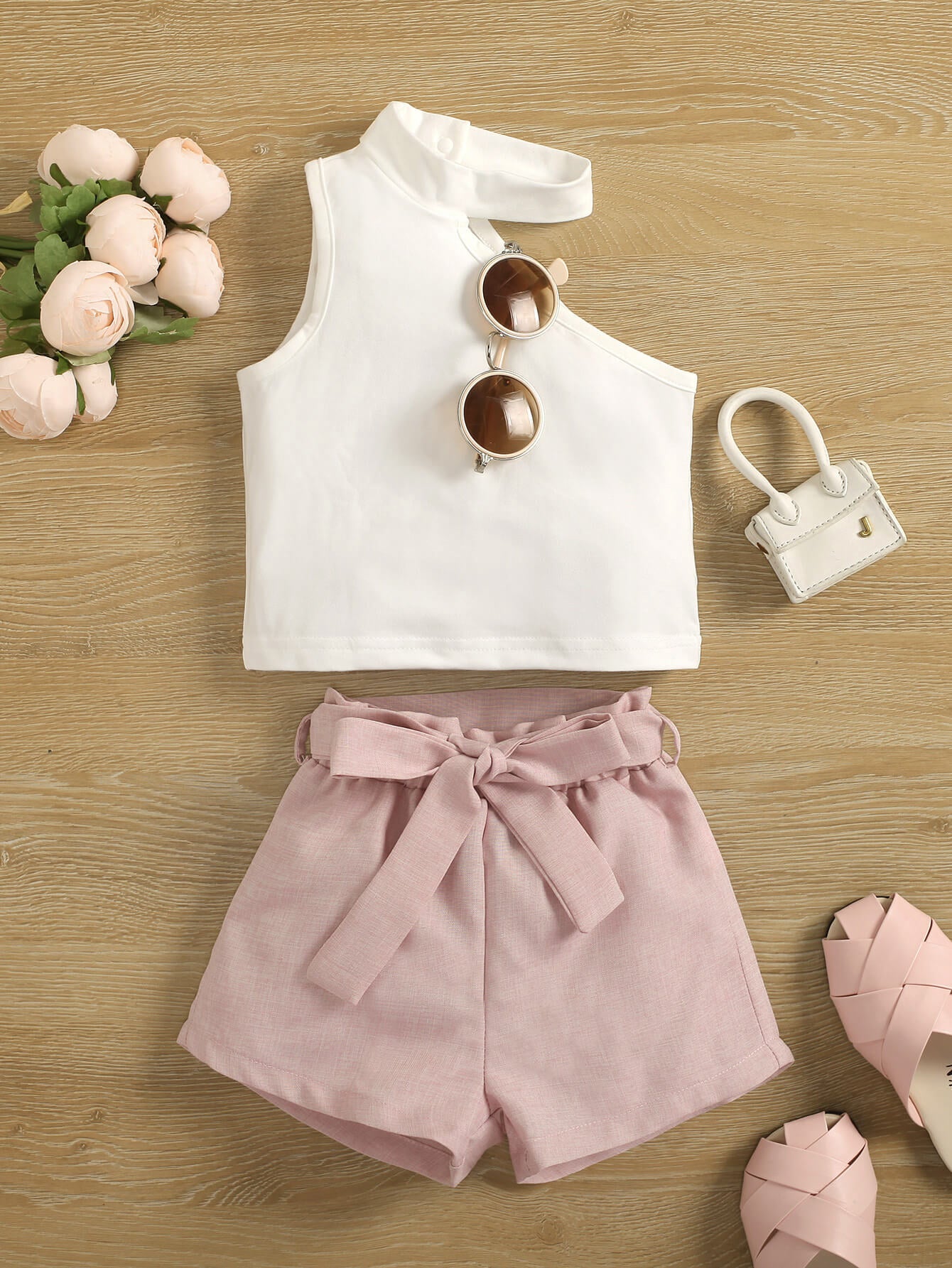 Girls One-Shoulder Top and Belted Shorts Set