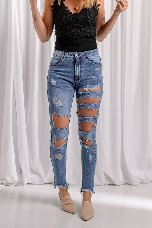 Distressed Raw Hem Skinny Jeans