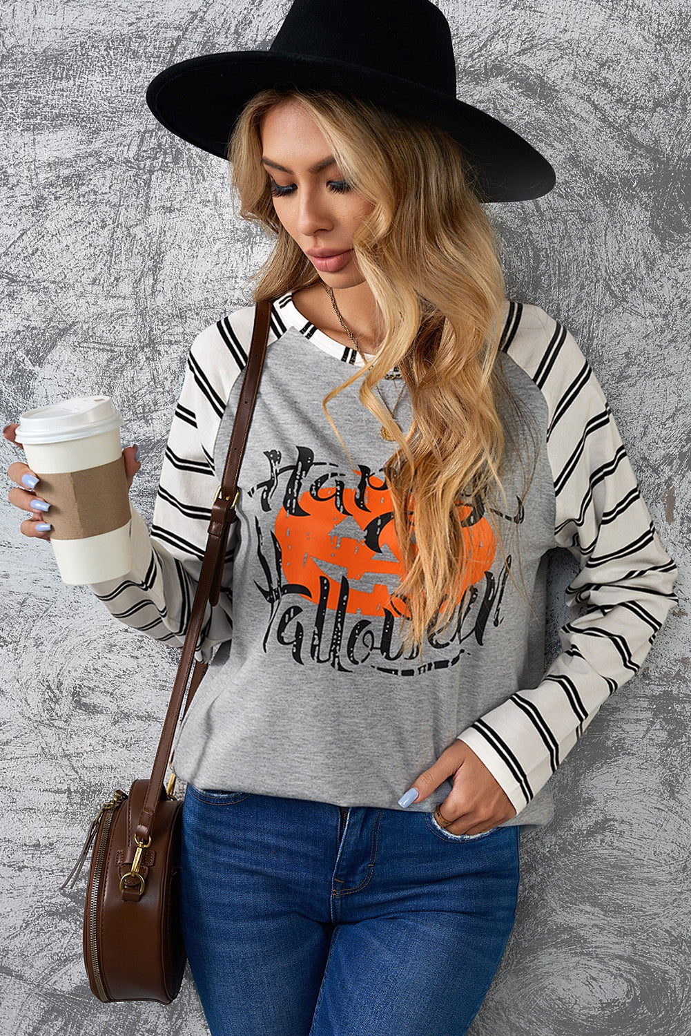 HAPPY HALLOWEEN Striped Long Sleeve Tee