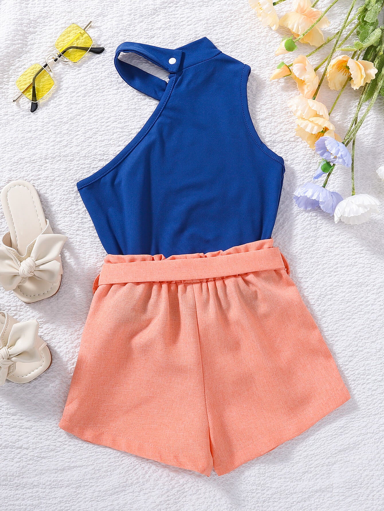 Girls One-Shoulder Top and Belted Shorts Set